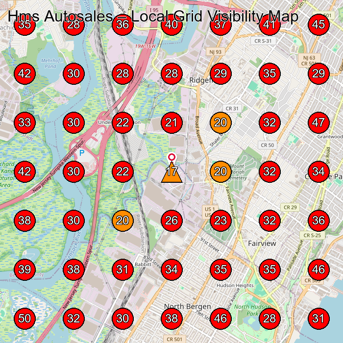 Hms Autosales GeoGrid visibility map for Used Car Dealer in Fairview